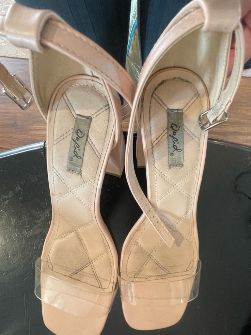 Clear-Strap Nude Block Heel Sandals